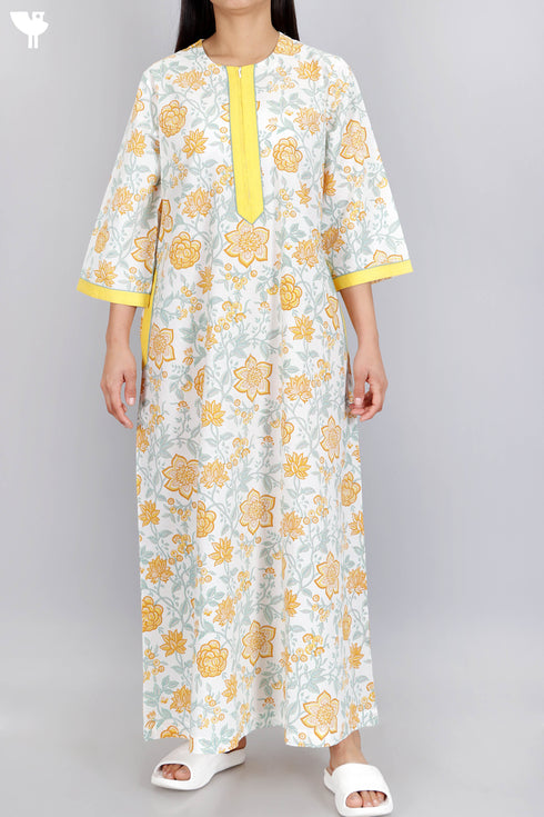 60’s Cotton Zipper Kaftan Full Sleeved In Floral Print