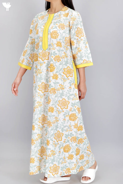 60’s Cotton Zipper Kaftan Full Sleeved In Floral Print