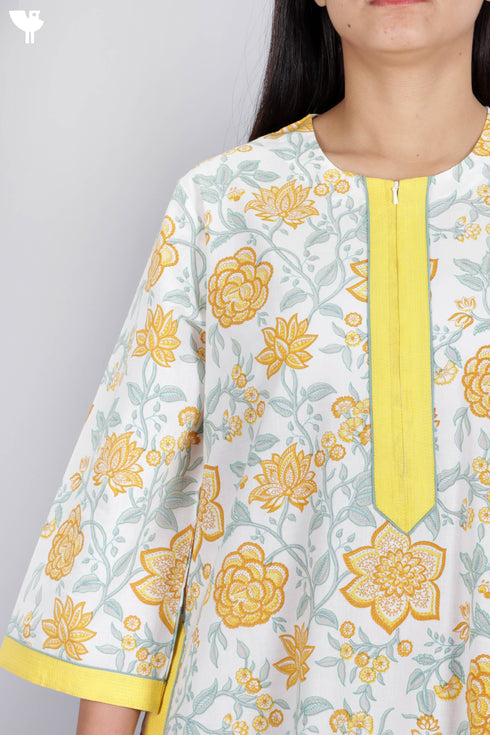 60’s Cotton Zipper Kaftan Full Sleeved In Floral Print