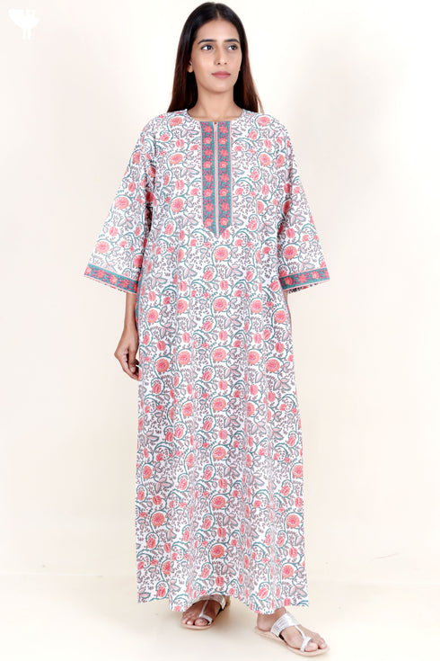 60’s Cotton Zipper Kaftan In Floral Block Print