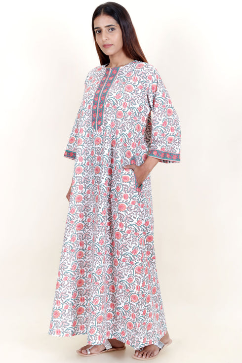 60’s Cotton Zipper Kaftan In Floral Block Print
