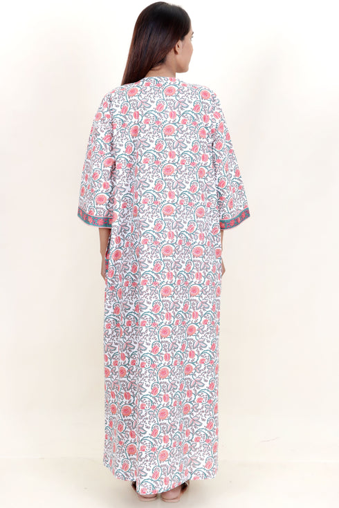 60’s Cotton Zipper Kaftan In Floral Block Print