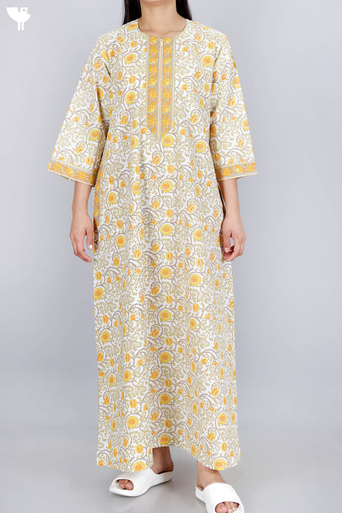 60’s Cotton Zipper Kaftan Full Sleeved In Floral Print