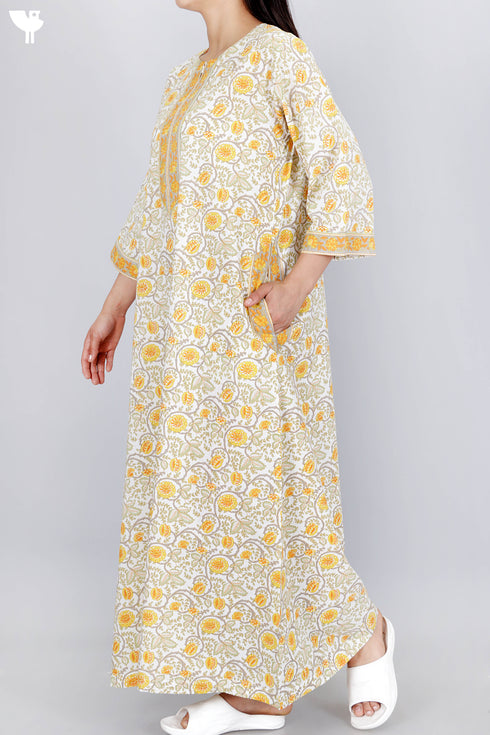 60’s Cotton Zipper Kaftan Full Sleeved In Floral Print