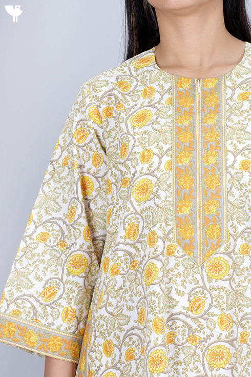 60’s Cotton Zipper Kaftan Full Sleeved In Floral Print