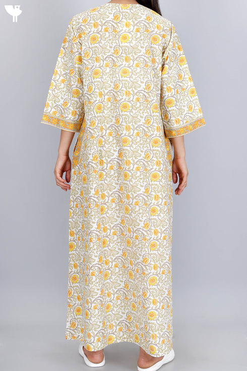 60’s Cotton Zipper Kaftan Full Sleeved In Floral Print