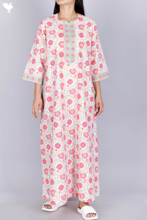 60’s Cotton Zipper Kaftan In Floral Block Print