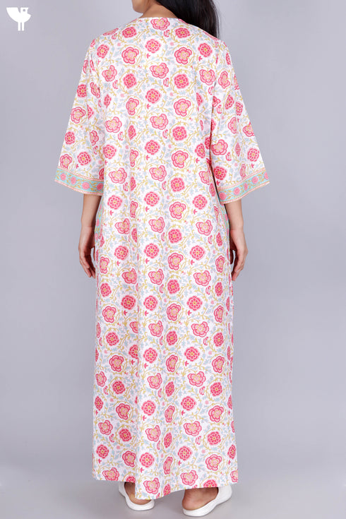 60’s Cotton Zipper Kaftan In Floral Block Print