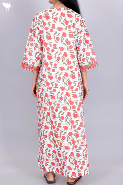 60’s Cotton Zipper Kaftan In Floral Block Print