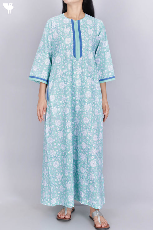 60’s Cotton Zipper Kaftan In Floral Block Print