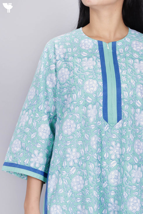 60’s Cotton Zipper Kaftan In Floral Block Print