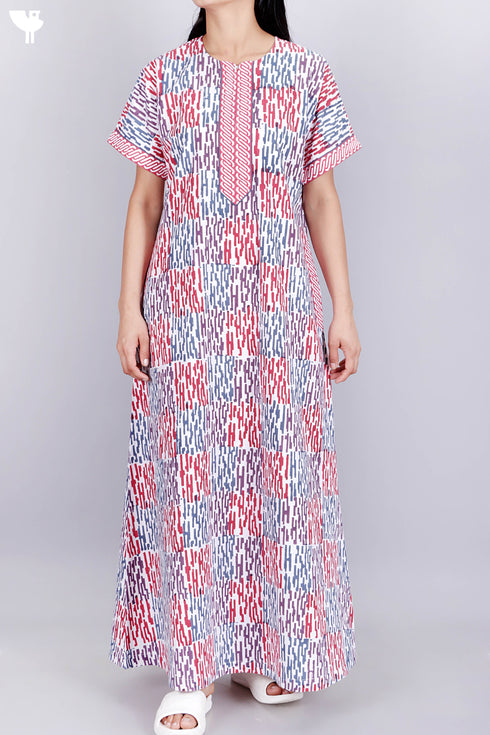 40’s Cotton Zipper Kaftan In Graphic Block Print