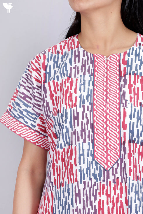 40’s Cotton Zipper Kaftan In Graphic Block Print