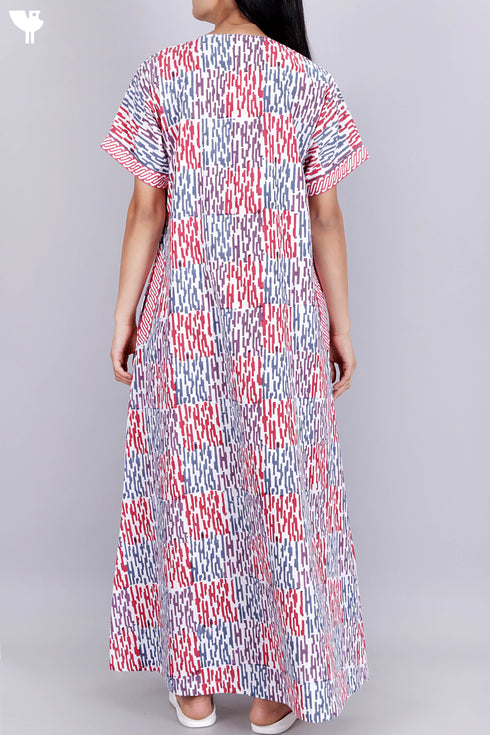 40’s Cotton Zipper Kaftan In Graphic Block Print