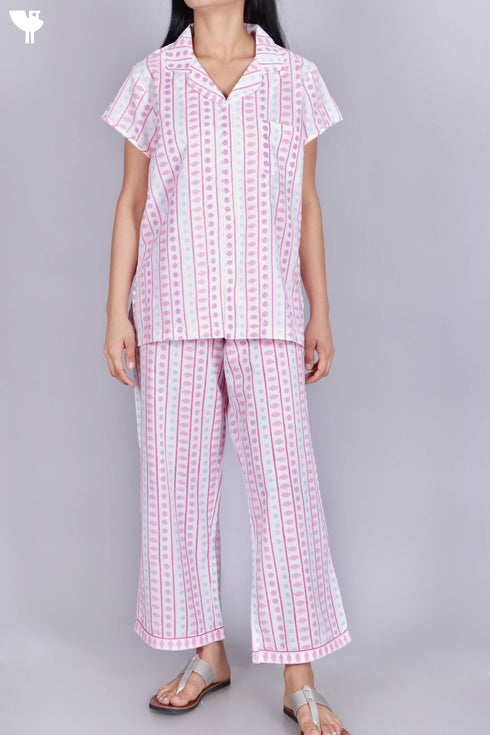 Cambric Cotton Pajama Set In Geometric Block Print