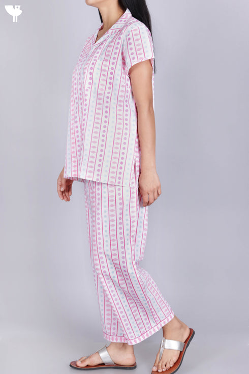 Cambric Cotton Pajama Set In Geometric Block Print