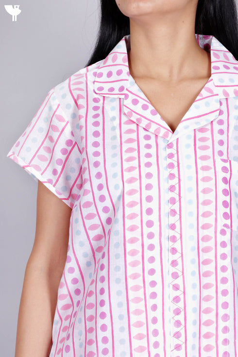 Cambric Cotton Pajama Set In Geometric Block Print