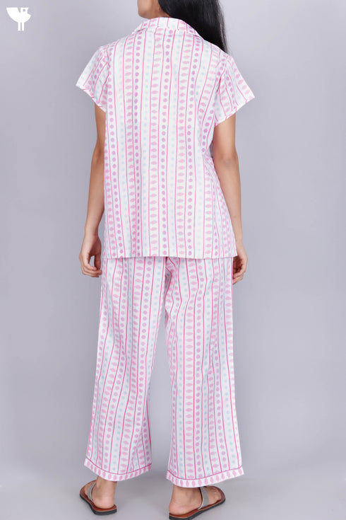 Cambric Cotton Pajama Set In Geometric Block Print