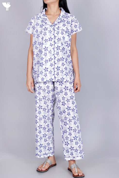 Cambric Cotton Pajama Set In Floral Block Print