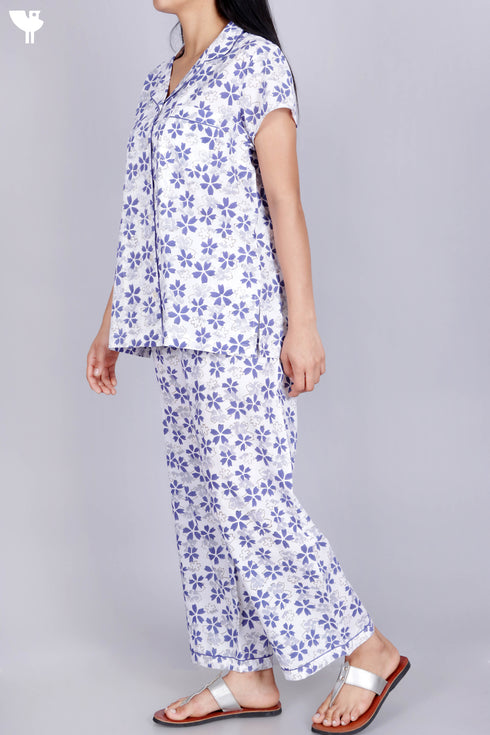 Cambric Cotton Pajama Set In Floral Block Print