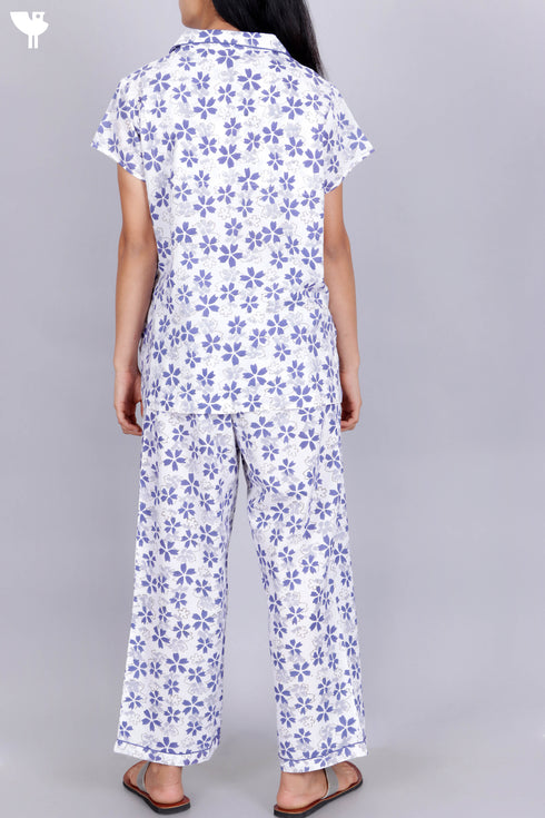 Cambric Cotton Pajama Set In Floral Block Print