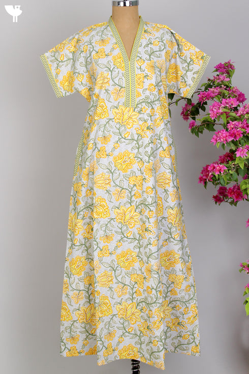 60s Cotton Kaftan in Yellow Floral Hand Screen Print