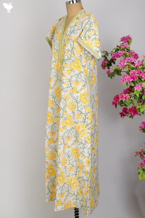 60s Cotton Kaftan in Yellow Floral Hand Screen Print