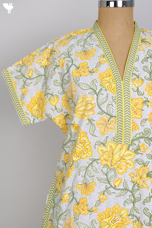 60s Cotton Kaftan in Yellow Floral Hand Screen Print