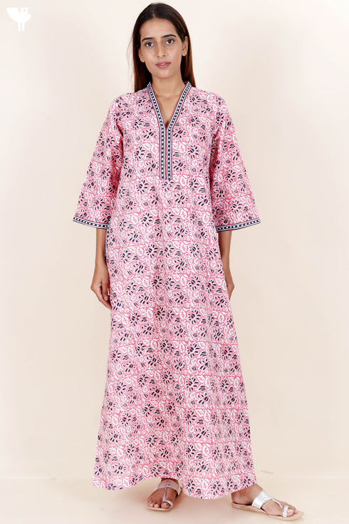 60’s Cotton Full Sleeved Kaftan In Floral Block Print