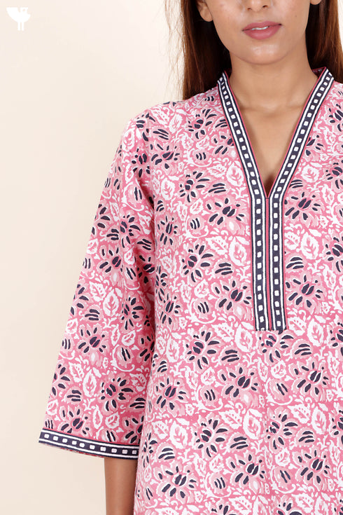 60’s Cotton Full Sleeved Kaftan In Floral Block Print