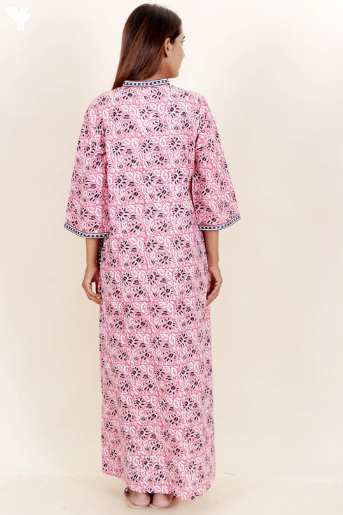 60’s Cotton Full Sleeved Kaftan In Floral Block Print