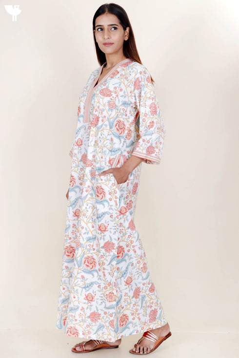 60’s Cotton Full Sleeved Kaftan In Floral Print