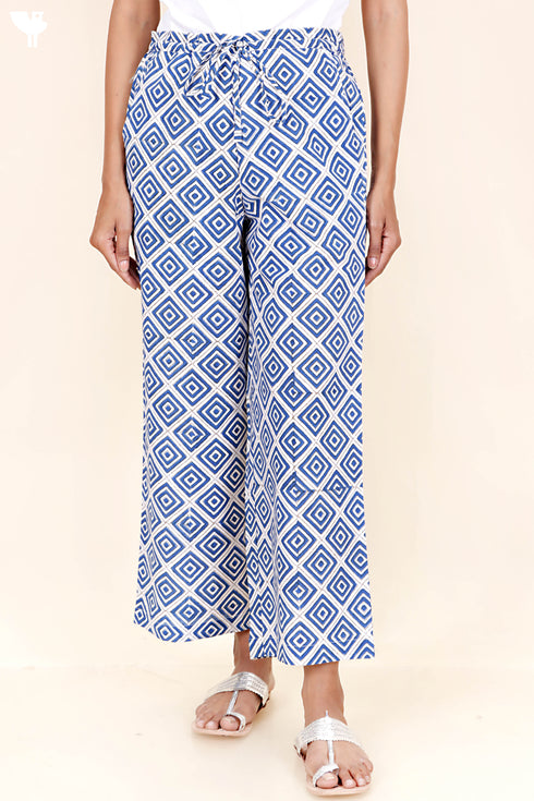 Cambric Cotton Palazzo Pants in Geometric Block Print