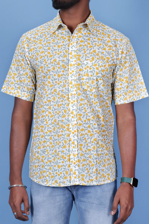 Slim Fit Cambric Cotton Men’s Half Sleeved Shirt In Floral Print