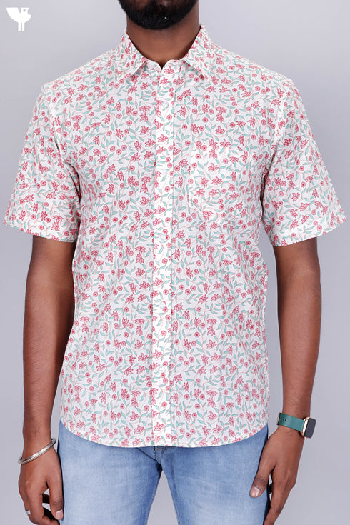 Slim Fit Cambric Cotton Men’s Half Sleeved Shirt In Floral Print