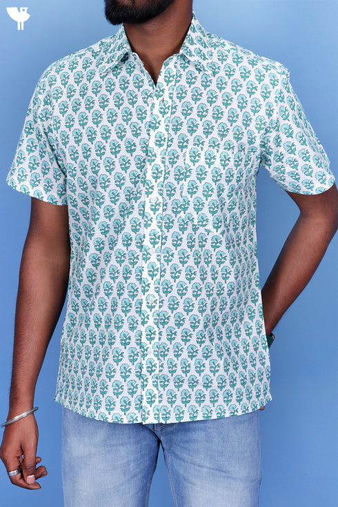 Regular Fit Cambric Cotton Men’s Half Sleeved Shirt In Floral Block Print