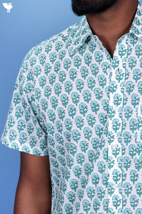 Regular Fit Cambric Cotton Men’s Half Sleeved Shirt In Floral Block Print