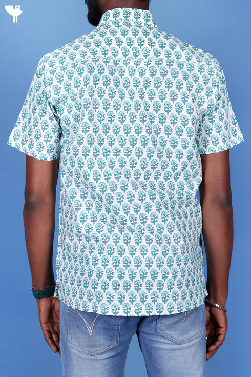 Regular Fit Cambric Cotton Men’s Half Sleeved Shirt In Floral Block Print