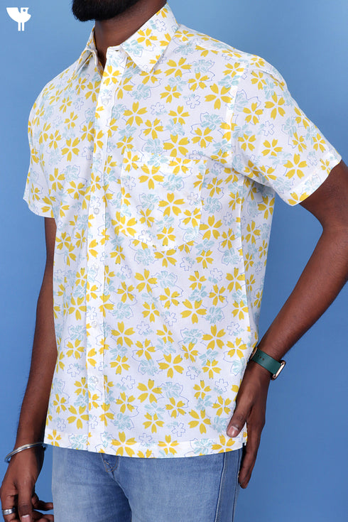 Regular Fit Cambric Cotton Men’s Half Sleeved Shirt In Floral Block Print