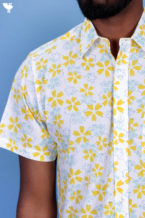Regular Fit Cambric Cotton Men’s Half Sleeved Shirt In Floral Block Print