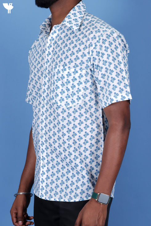 Slim Fit Cambric Cotton Men’s Half Sleeved Shirt In Floral Block Print