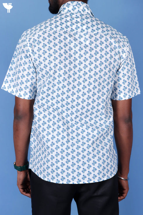 Slim Fit Cambric Cotton Men’s Half Sleeved Shirt In Floral Block Print