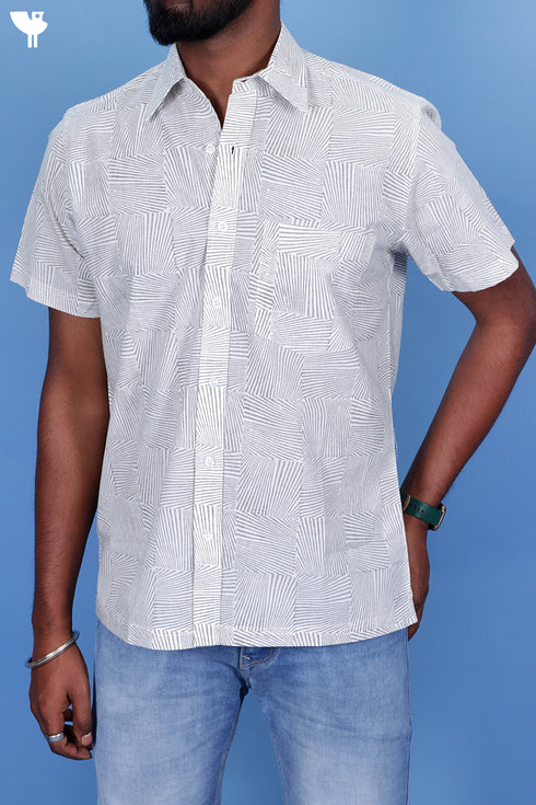 Regular Fit Cambric Cotton Men’s Half Sleeved Shirt In Graphic Block Print