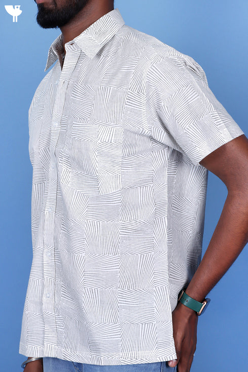 Regular Fit Cambric Cotton Men’s Half Sleeved Shirt In Graphic Block Print