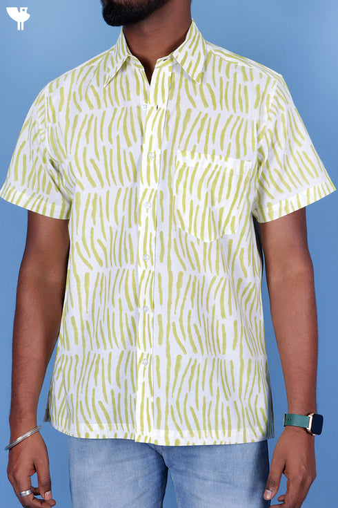 Regular Fit Cambric Cotton Men’s Half Sleeved Shirt In Graphic Block Print