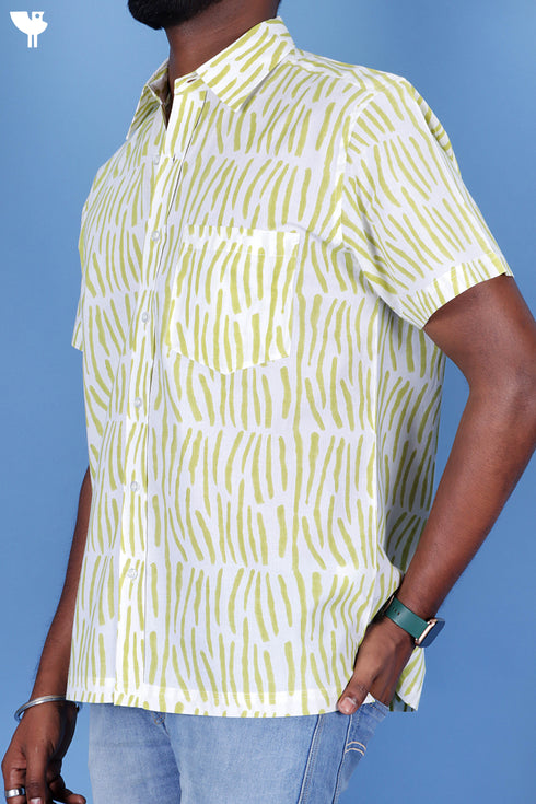 Regular Fit Cambric Cotton Men’s Half Sleeved Shirt In Graphic Block Print