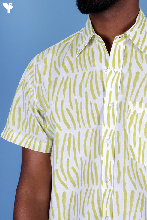 Regular Fit Cambric Cotton Men’s Half Sleeved Shirt In Graphic Block Print