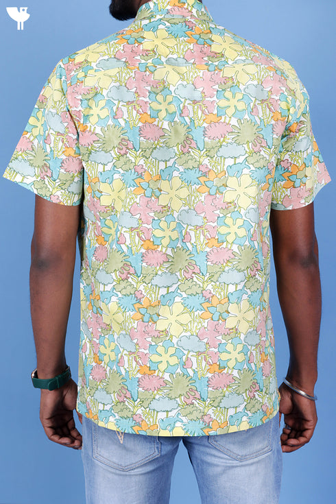 Regular Fit Cambric Cotton Men’s Half Sleeved Shirt In Floral Block Print