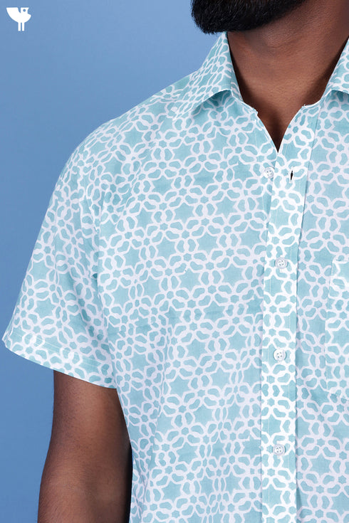 Regular Fit Cambric Cotton Men’s Half Sleeved Shirt In Graphic Block Print