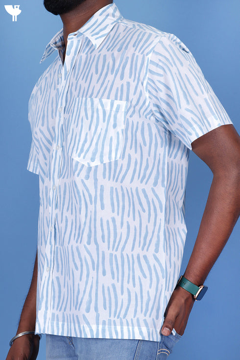 Regular Fit Cambric Cotton Men’s Half Sleeved Shirt In Graphic Block Print